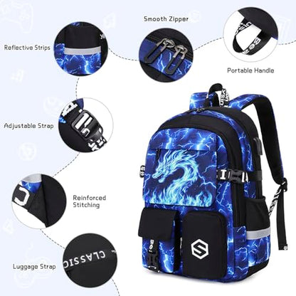 Scothen Boys Backpack, Cool Luminous School Backpacks for Boys with Lunch Bag Pencil Case, Kids Backpack Kindergarten Elementary Middle School Book Bags for Teen Boy Children with USB Charging Port - color: Blue Dragon