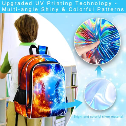 AGSDON 3PCS Baseball Backpack for Boys, 17" Kids Bookbag with Lunch Box for Boy, Flame Thunder Backpacks Water Resistant and Lightweight for Teen - color: Baseball