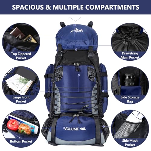 90L Hiking Backpack, Waterproof Camping Bag with Rain Cover, Lightweight Backpacking Back Pack - color: Blue