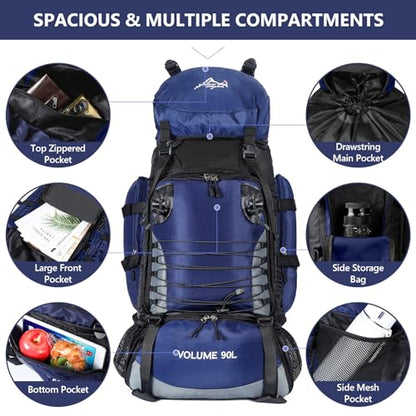 90L Hiking Backpack, Waterproof Camping Bag with Rain Cover, Lightweight Backpacking Back Pack - color: Blue