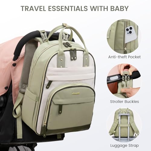 LOVEVOOK Diaper Bag Backpack, Baby Bag with Changing Pad, Large Diaper Backpack Boy Girl, Waterproof Baby Registry Bag for Mom Dad with Stroller Buckles, Light Green-beige-olive Green - color: Light Green-beige-olive Green