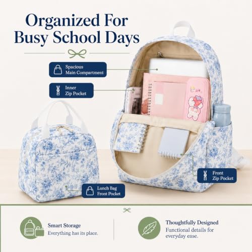 Bluboon Teens Backpack Set Girls School Backpack Lunch Box Pencil Bags Student Bookbags 3 in 1 (Blue Toile Floral 231) - color: Blue Toile Floral 231
