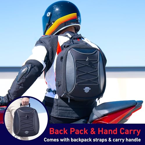 Nomad USA Motorcycle Tail Bag Fits Helmets, 22L-35L Expandable Hard Shell Waterproof Reflective Dual Rear Seat/Rack Bag Converts to Motorbike Backpack/Hand Carry Quick Release Bag w/Rain Cover