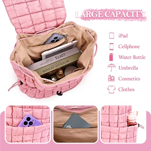 Quilted Puffer Backpack for Women Lightweight Soft Puffy Backpack Purse Casual Daily Drawstring Flap Daypack (Pink) - color: Pink