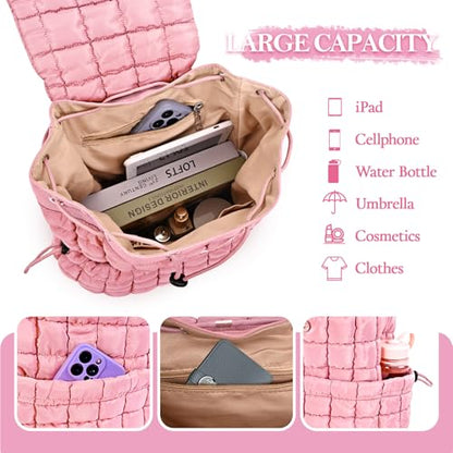 Quilted Puffer Backpack for Women Lightweight Soft Puffy Backpack Purse Casual Daily Drawstring Flap Daypack (Pink) - color: Pink