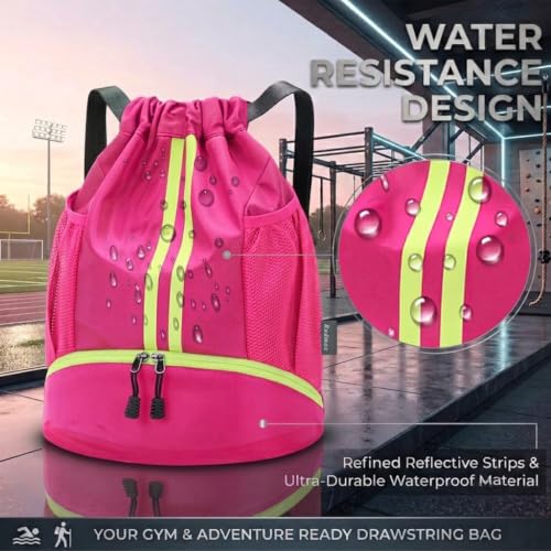 Drawstring Backpack with Shoe Compartment,Water Resistant Sports Gym Bag,String Bag for Men Women,Soccer,Basketball - color: Rose