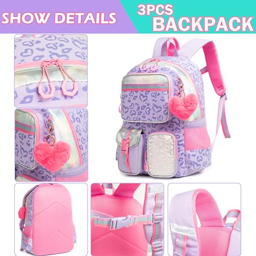 Meetbelify Aesthetic Backpack with Lunch Box for Elementary Students - Cute School Bag for Girls 8-10 - Purple - color: 3pcs Purple Love