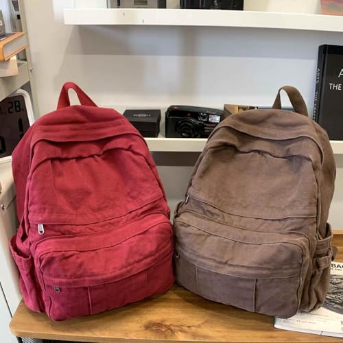Burgundy Red Canvas Backpack for Women Retro Aesthetic Rucksack Basic Backpack for High School/College Students Travel Laptop Bag - color: Burgundy Red