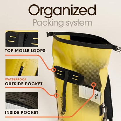 Earth Pak Waterproof Backpack - Heavy Duty Hiking Backpack - Roll-Top Closure Bag - Cushioned Dry Bag Waterproof Phone Case - color: Yellow, size: 55L
