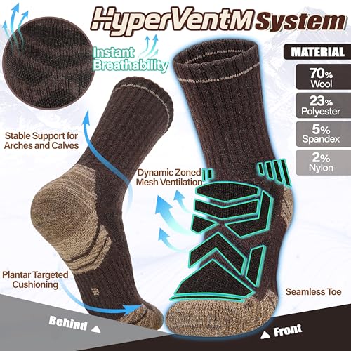 ANTSANG Merino Wool Hiking Socks, Enhanced Breathability, Targeted Cushion Thermal Socks for Men and Women, 5 Pairs - color: Gray/Brown, size: Medium