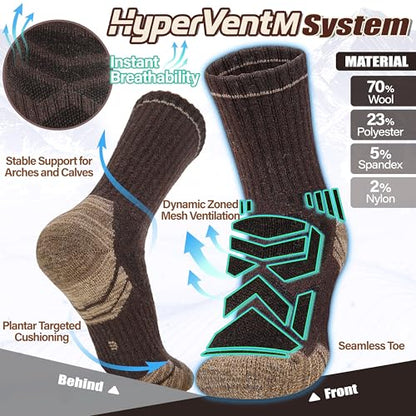 ANTSANG Merino Wool Hiking Socks, Enhanced Breathability, Targeted Cushion Thermal Socks for Men and Women, 5 Pairs - color: Gray/Brown, size: Medium