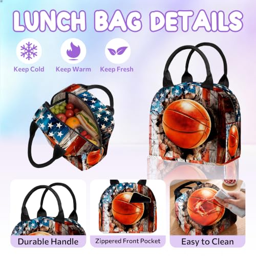 3PCS Backpack for Girls Boys,Teens Flag Basketball Back to School Backpack with Lunch Box Pencil Case, 17 Inch Lightweight Students Backpack 3 in 1 Set for Elementary Middle High School - color: American Flag Basketball