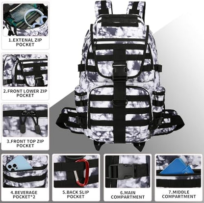 50L Military Tactical Backpack 3 Day Assault Pack Molle Daypack Hiking Backpack for Men and Women - color: Blackwhite Tie-dye