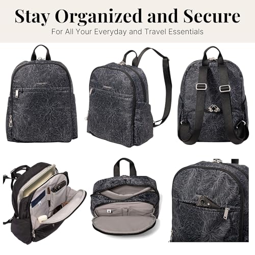 Securtex Anti-Theft Getaway Backpack - 9.4"x13"x5" Travel Safe Bag w/Locking Zippers, Slash-Resistant, RFID - color: Midnight Blossom Print