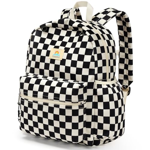 STEAMEDBUN Corduroy Kids Backpack for Girls and Boys 5-8: Boys Backpack for Elementary Kindergarten - 15 inch Cute Backpacks for Kids - Checkered - color: Black Checkered Corduroy, size: SMALL-15"H(fit folder)