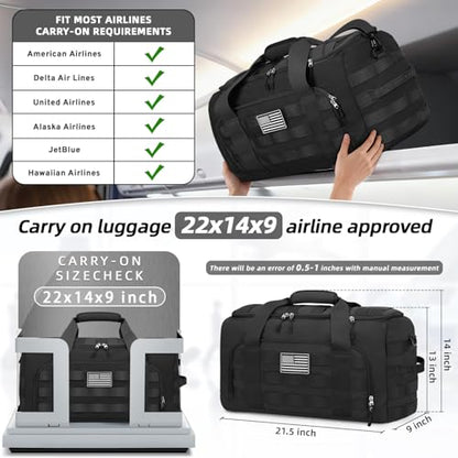 ZOMFELT Tactical Gym Bags for Men, 22x14x9 Carry On Luggage Duffle Bag for Travel, 3-in-1 Sports Basketball Soccer Bag with Removable Dividers & Shoe Compartment, Weekender Overnight Travel bag, Black - size: Medium