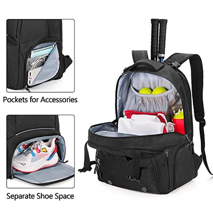 DSLEAF Tennis Backpack for 2 Rackets, Tennis Bag with Separate Ventilated Shoe Space for Tennis/Pickleball/Badminton/Squash Racquet and Accessories - color: Black
