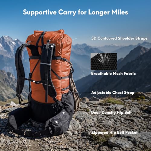 Haimont 40L+15L Roll-Top Backpacking Pack with Rain Cover, Orange | Expandable 55L, Hip Belt Support, Sleeping Pad Carry, Pole Attachments, YKK & Duraflex - color: Orange