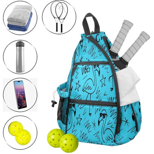 Pickleball Bag for Women & Men – Lightweight Sports Backpack with Paddle Compartments, Dual Carry Modes, Detachable Zippered Strap, Brown Leopard, Great Gift Option for Players - color: Blue Flamingos Vacay