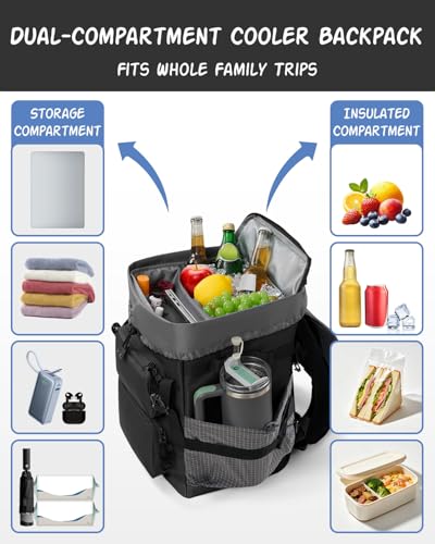 Odoland 2-in-1 Cooler Backpack with Removable Insulated Bag, 26L Leak-Proof Dry Wet Separation Backpack with 9L Cooler (20 Cans) for Beach Picnic Camping Day Trip, Lunch Diaper Bag for Men Women - color: Black