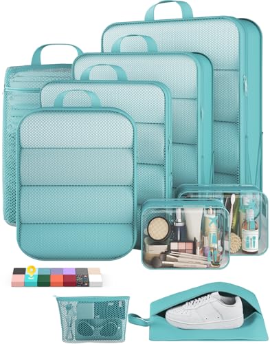 Veken 9/11 Set Compression Packing Cubes for Travel Essentials,Compressible Expandable Large Luggage Suitcase Organizer Bags for Clothing,Space Saver Bags with Over 1000 pcs of Mesh Holes(Blue Green) - color: Blue Green, size: 9 set