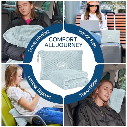 BEDELITE Travel Blanket with Bag, Ultra-Soft Jacquard Fleece Blanket with Luggage Sleeve & Backpack Clip, Airplane Blanket Travel Essentials, Blue - color: Blue