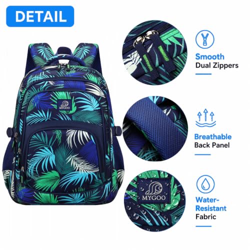 MYGOO Boys School Backpack Grove Foliage Black Bookbag for Elementary Middle School Ages 5-12, 17 inch Large Capacity 24L Kids Student Travel Bags - color: Grove Foliage Black