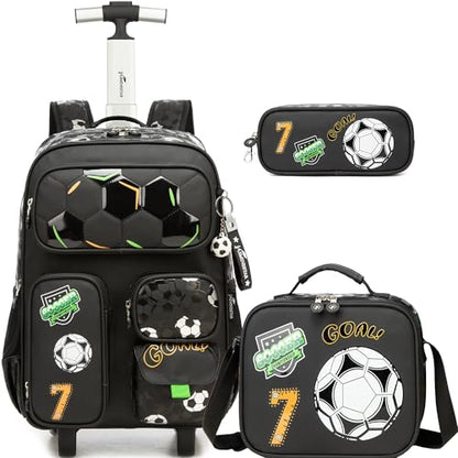 Rolling Backpacks for Boys School Backpacks with Wheels for Elementary Preschool Students Kids Travel Luggage Suitase for Boys Blake Football - color: B Black Football