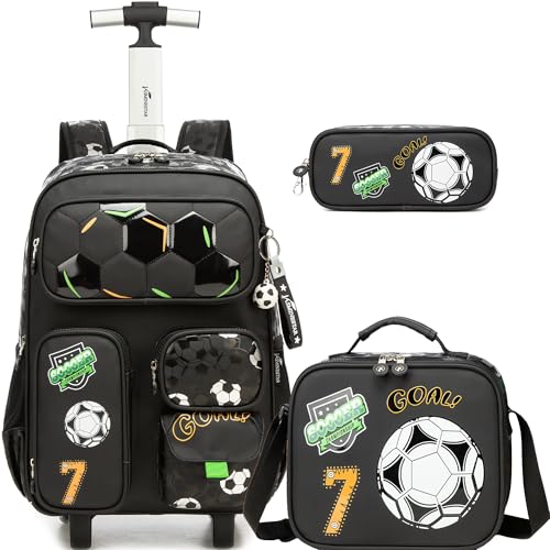 Rolling Backpacks for Boys School Backpacks with Wheels for Elementary Preschool Students Kids Travel Luggage Suitase for Boys Blake Football - color: B Black Football