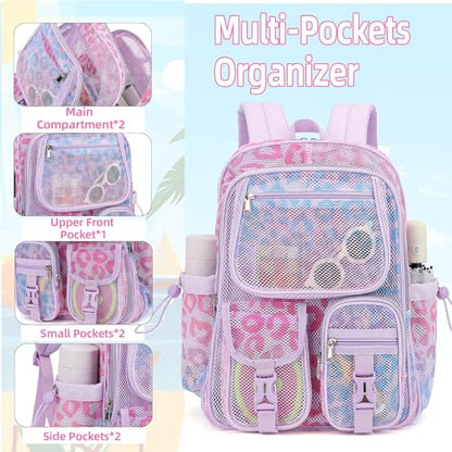 Leopard Purple Mesh Backpack for Girls Boys, Mesh Bookbags Heavy Duty Semi-Transparent School Bag for College, Travel, Beach, Swimming, Sports - color: Leopard Purple