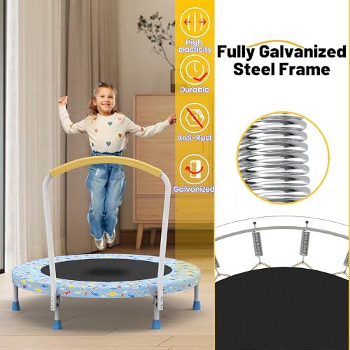 Mersco 36" Mini Toddler Trampoline with Handles, Indoor Quiet Kids Trampoline with Super Safety Mat and Durable Steel Frame, Indoor/Outdoor - color: Light Blue Print
