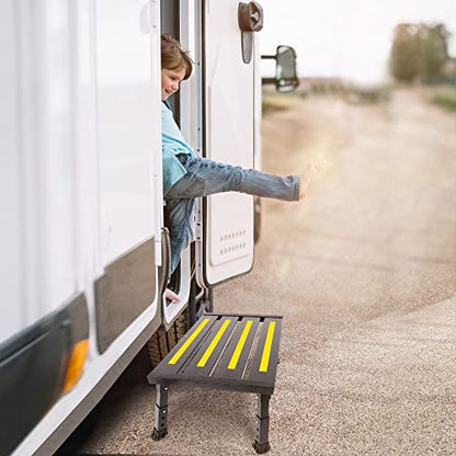 Adjustable Height Aluminum RV Step, Stable Foldable Platform Step Stool, Supports Up to 1,000 lb, Non-Slip Rubber Feet and Platform Mat, Easy to Carry (Black) - color: Black