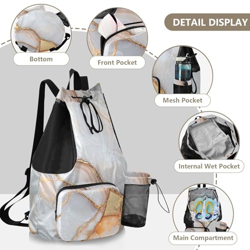 Drawstring Backpacks Sports Bag With Pockets Pull String Bag Waterproof Marble White Peach - color: Color 1