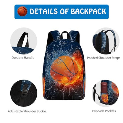 3PCS Backpack for Boys Girls, Kids Basketball Back to School Backpack Sets with Lunch Bag Pencil Case, 17 Inch Lightweight Bookpack 3 in 1 Set for Teens Elementary Middle High School Students - color: Water Fire Basketball