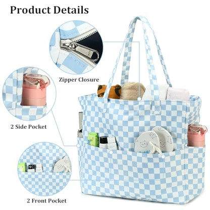 LEDAOU Beach Bag Waterproof Sandproof Women Beach Tote Pool Bag with Zipper for Swim Gym Grocery Travel with Wet Pocket | Sandproof - color: Checkered-blue