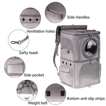 2-in-1 Pet Carrier Backpack for Two Cats or One Dog, Double-Layer 2 Compartment Carry Bag to Transport Small Animals Traveling and Hiking, Space Capsule Clear Bubble Dome - color: Grey