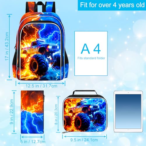 AGSDON 3PCS Truck Backpack for Boys, 17" Kids Bookbag with Lunch Box for Boy, Flame Thunder Backpacks Water Resistant and Lightweight for Teen - color: Truck