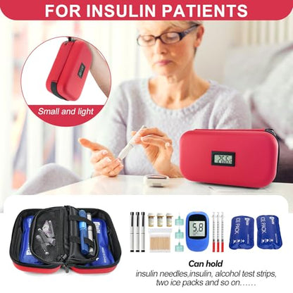 Gosemai TSA Approved Insulin Cooler Travel Case Medication Cooler for Travel with Thermometer Temperature Display Diabetic Medication Organizer Medical Travel Cooler Bag with 2 Ice Pack - color: Red
