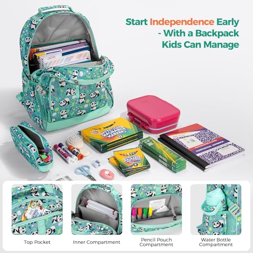 Choco Mocha Kids Backpack for Girls Panda Backpack Kids Elementary School Backpack for Girls Ages 6-8 Kid Bookbag 17 Inch with Chest Strap, Teal - color: Panda-teal Green