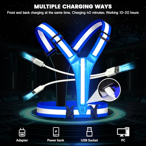 Fokia Kunbio LED Reflective Running Vest Gear,Light Up Vest Runners Night Walking USB Rechargeable,Up to 11hrs Light with Adjustable Waist/Shoulder for Women Men Kids - color: Bule