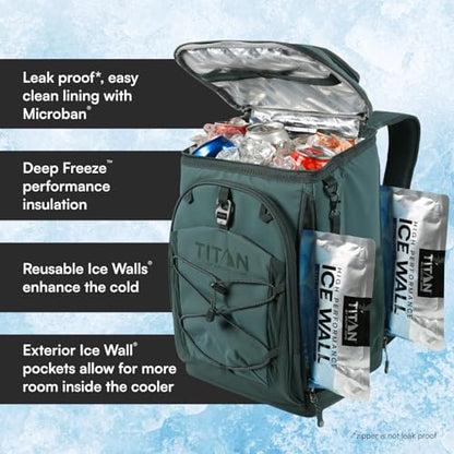 Titan Deep Freeze Ice Wall Backpack Cooler 30 Can Cooler Bag with Ice Packs - color: Deep Forest Green