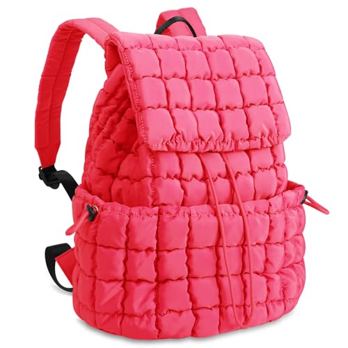 Quilted Puffer Backpack for Women, Lightweight Soft Nylon Quilted Hiker Pack Top Flap Drawstring Backpack, Trendy Puffy Padding Gym Travel Bag for Casual Daypack Hiking Sport (Rose Red) - color: Rose Red
