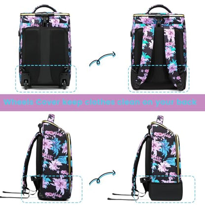 Rolling Backpack Waterproof Commuter Backpack with Wheels for Business, Laptop Compartment for 15.6-Inch Laptop, Wheeled Carry-On Bag for Adults - color: Flower