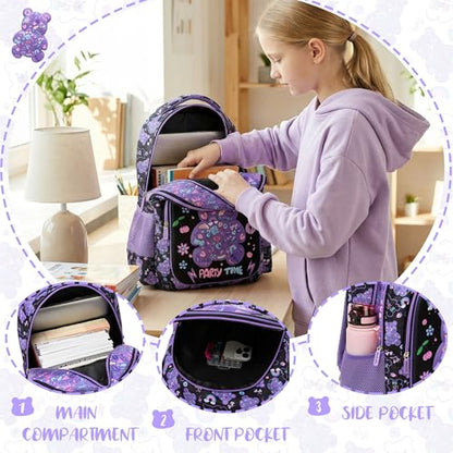 School Backpack for Girls Backpack for Girls with Lunch Box Set Cute Bear Kids Bookbag Elementary Kids Backpack for Girl Lightweight Travel Daypack Back to School - color: Purple Bear