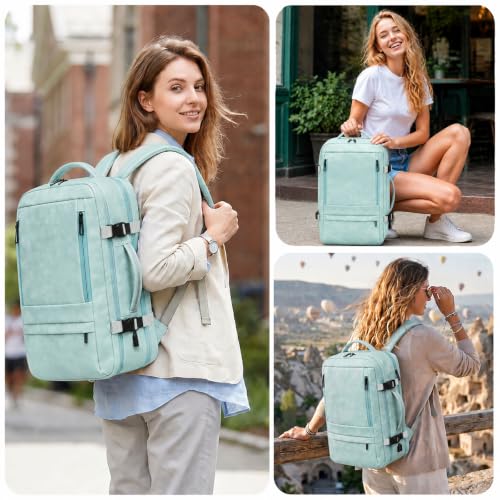 Travel Backpack for Women, PU Leather Carry On Backpack Flight Approved with Laptop Compartment, 40L Expandable Personal Item Travel Bag for Traveling Weekender Business (Light Blue) - color: Light Blue