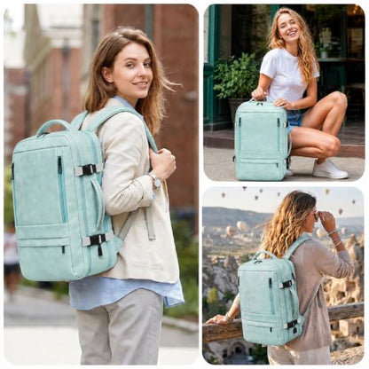 Travel Backpack for Women, PU Leather Carry On Backpack Flight Approved with Laptop Compartment, 40L Expandable Personal Item Travel Bag for Traveling Weekender Business (Light Blue) - color: Light Blue