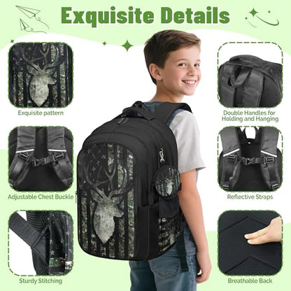 Camo Deer Backpack for Boys, Boys Backpacks with Lunch Box and Pencil Case for School, Kids Hunting Bookbag - color: Camo