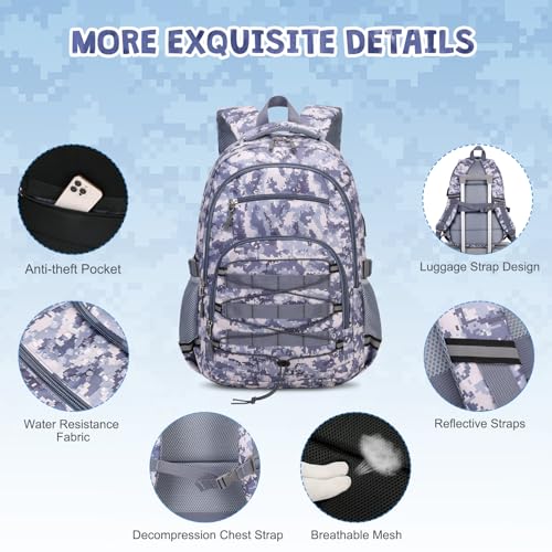 ACESAK Camo Backpack for Boys, Tactical Kids Backpack Boys, School Bags for Boy Children Teens Kids Elementary Middle High School, Military Bookbag and Lunch Bag Pencil Case Set with USB Charging Port - color: Grey Camo