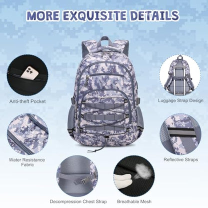 ACESAK Camo Backpack for Boys, Tactical Kids Backpack Boys, School Bags for Boy Children Teens Kids Elementary Middle High School, Military Bookbag and Lunch Bag Pencil Case Set with USB Charging Port - color: Grey Camo