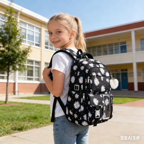 Girls Backpack Set with Lunch Box & Pencil Case, Floral Print Girls School Backpack for Elementary/Middle/High School (Black-Daisy) - color: Black-daisy